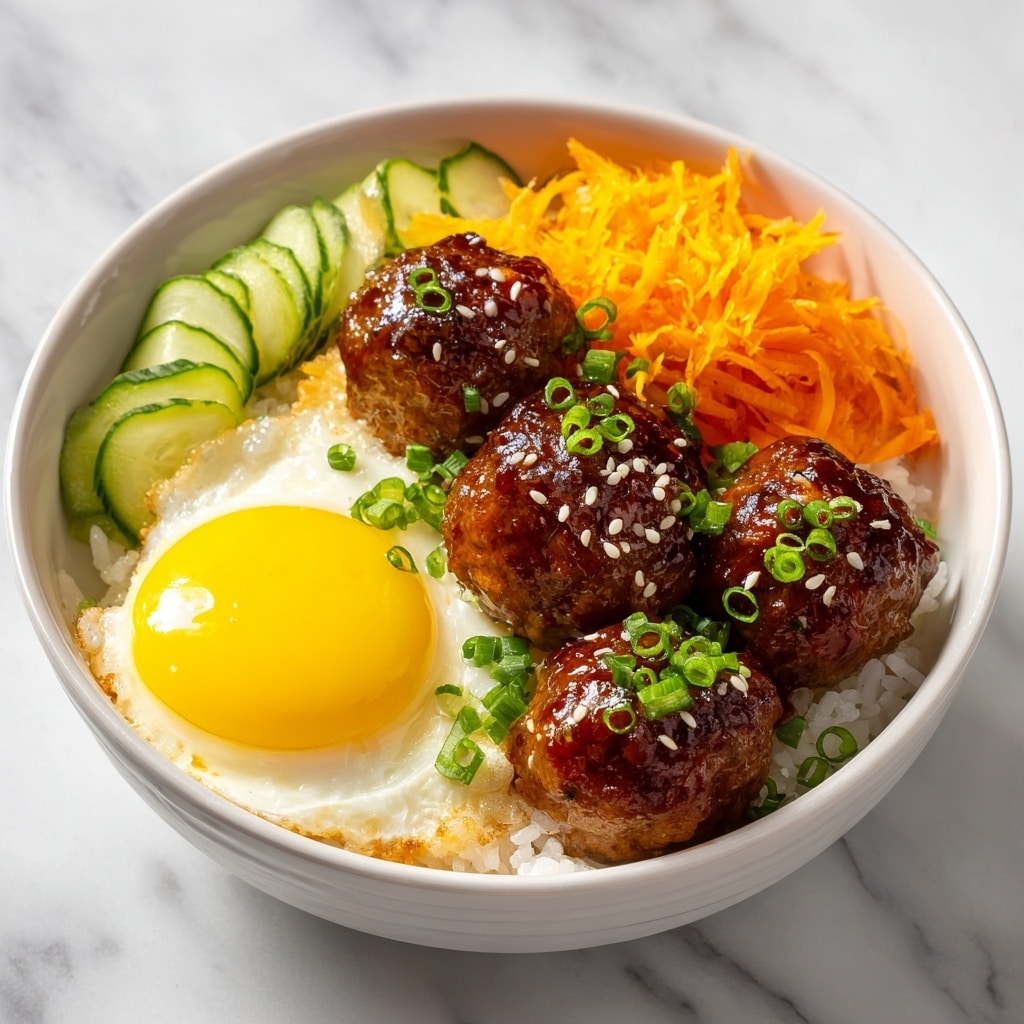 The dish is served in a white bowl with a base layer of white rice topped with four shiny, dark brown glazed meatballs sprinkled with green onion slices and sesame seeds. To one side of the meatballs, there is a bright yellow fried egg with a soft yolk, surrounded by a ring of white. Next to the egg, thin slices of pale green cucumber are layered neatly. On the opposite side of the bowl, there is a mound of shredded bright orange carrots. The bowl sits on a white marbled surface. Photo taken with an iphone --ar 4:5 --v 7
