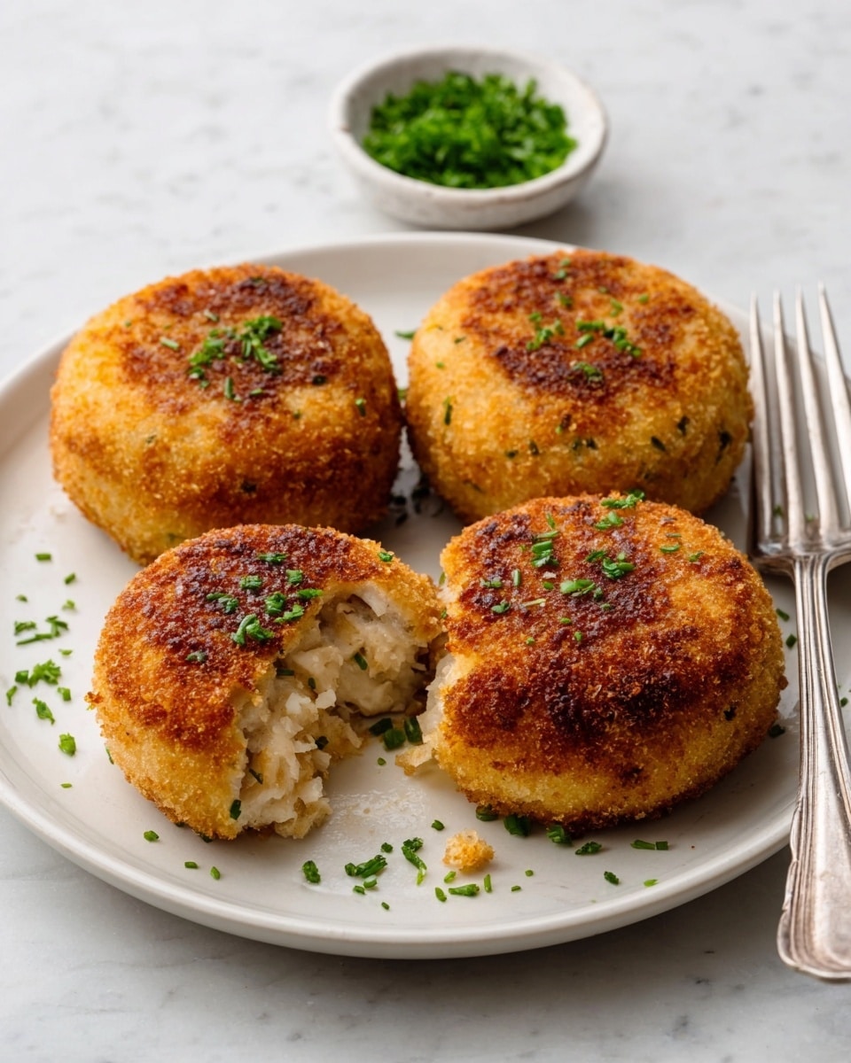 Four round, golden-brown croquettes with a crispy texture sit on a white plate. One croquette is cut in half, showing a soft, creamy light beige inside. Small green herbs are scattered on and around the croquettes for garnish. A silver fork rests on the right side of the plate. In the background, a small white bowl filled with finely chopped green herbs is visible on a white marbled surface. Photo taken with an iphone --ar 4:5 --v 7