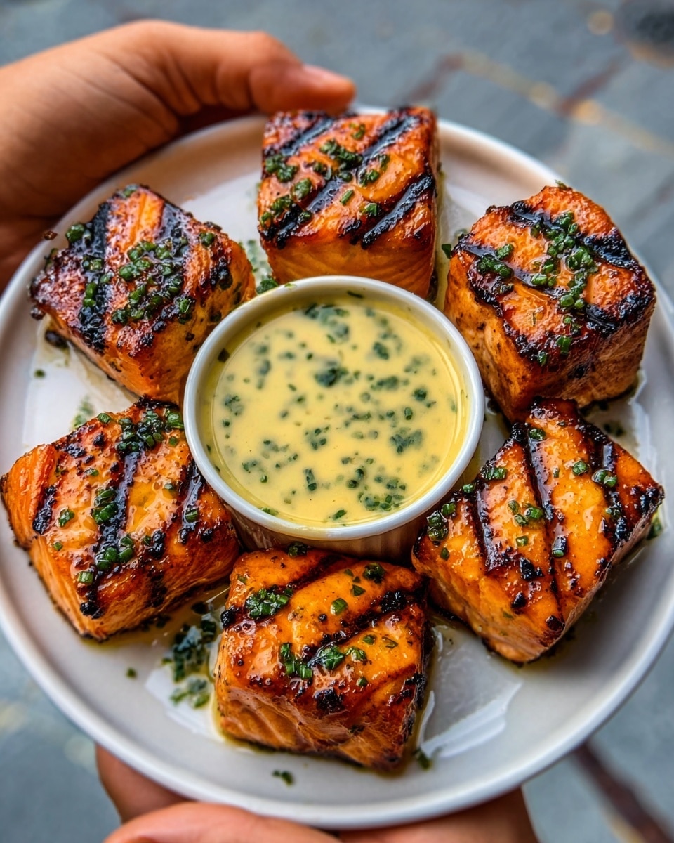 The image shows a round white plate with six grilled salmon cubes arranged in a circle on a light sauce that covers the plate's bottom. The salmon cubes have a rich orange color with dark grill marks and small green herb pieces on top. In the center of the plate is a small white bowl filled with a creamy sauce sprinkled with green herbs. The background is a white marbled texture, and a woman's hand is holding the plate. Photo taken with an iphone --ar 4:5 --v 7