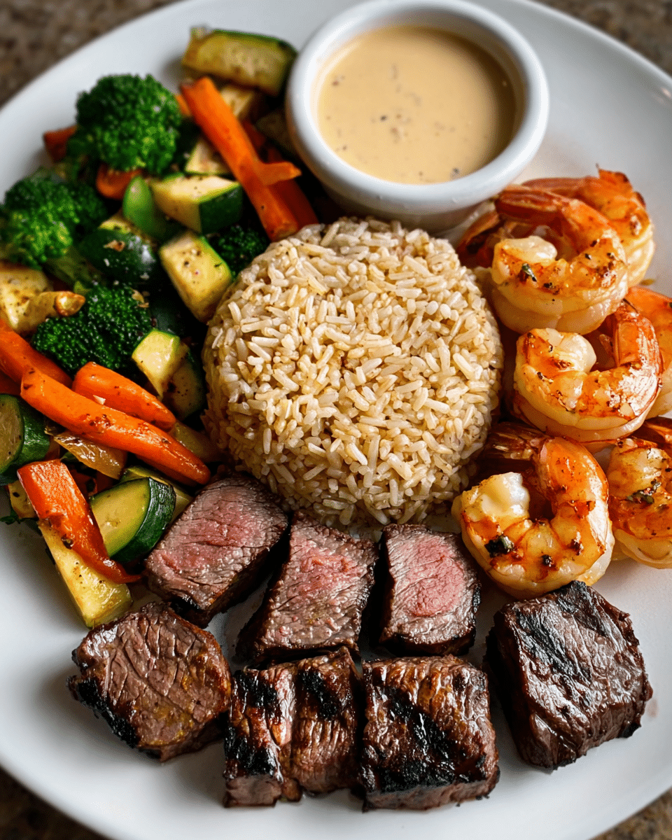 A white plate on a white marbled surface holds a colorful meal with four main parts: grilled steak slices arranged in a row at the bottom with a dark, seared texture and slight pink inside; a small pile of grilled shrimp with a pink-orange color placed above the steak; a mound of brown rice shaped like a dome on the right side; mixed roasted vegetables including carrots, broccoli, and zucchini, bright green and orange, filling the top left side; and a small white bowl of creamy sauce with visible herbs set on the top near the rice. Photo taken with an iphone --ar 4:5 --v 7