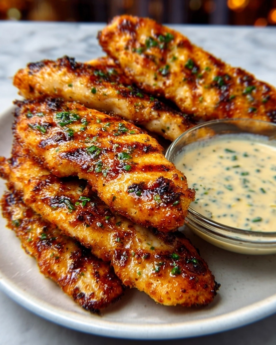 The image shows a white bowl filled with four grilled chicken tenders stacked on top of each other. The tenders are golden-brown with charred grill marks and a slightly crispy texture, sprinkled with chopped green herbs. On the side inside the bowl, there is a small clear glass bowl filled with creamy sauce that has visible black seasoning specks. The background surface is a white marbled texture. Photo taken with an iphone --ar 4:5 --v 7