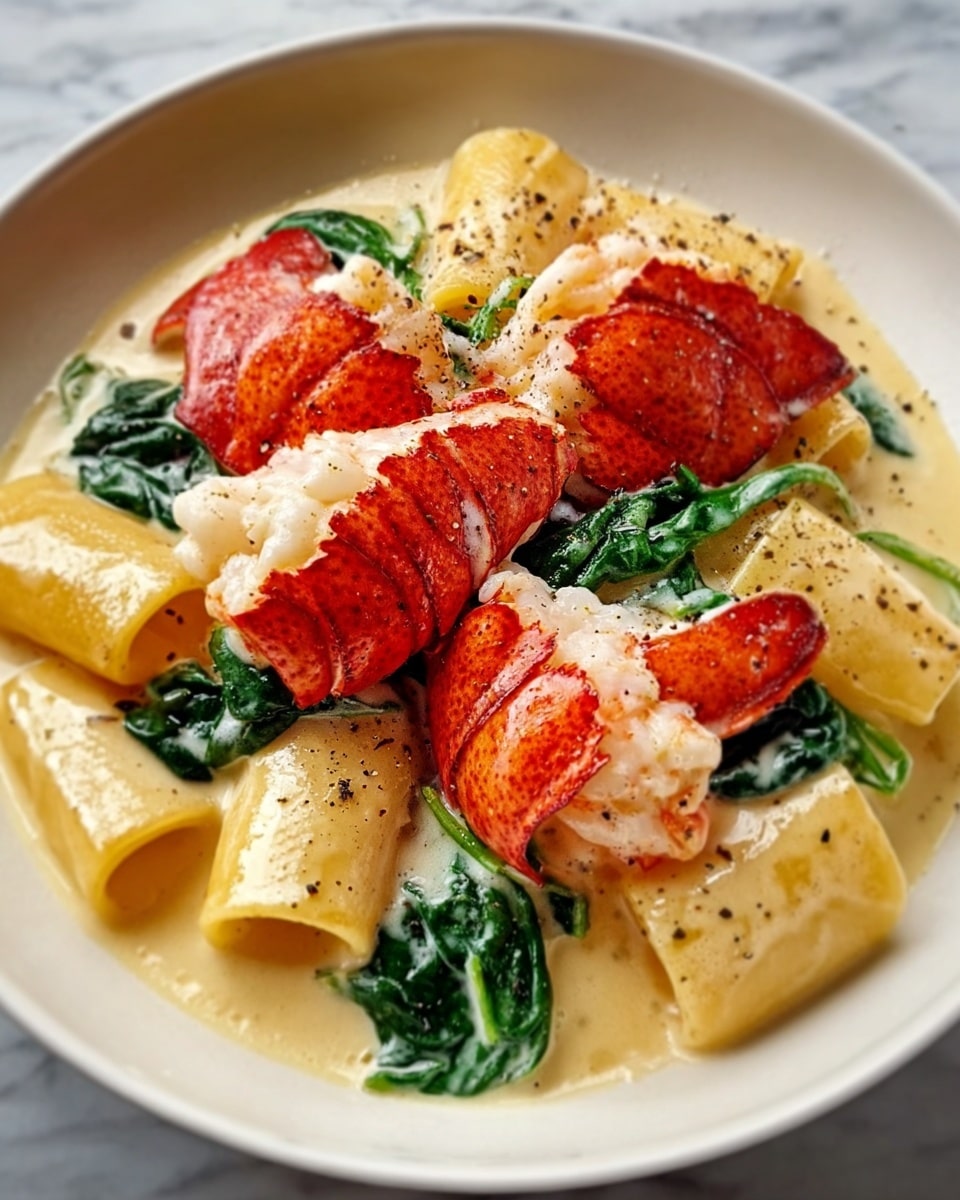 The image shows a white plate with a creamy pasta dish topped with three large, bright red lobster claws covered in a smooth, pale cream sauce. Underneath the claws, there is rigatoni pasta coated in the same cream sauce, with dark green spinach leaves scattered around. The cream sauce has a glossy texture and is slightly speckled with black pepper, adding contrast to the pale sauce and pasta. The dish looks rich and layered, with the lobster claws prominently placed on top, resting on the pasta and leafy greens. Photo taken with an iphone --ar 4:5 --v 7