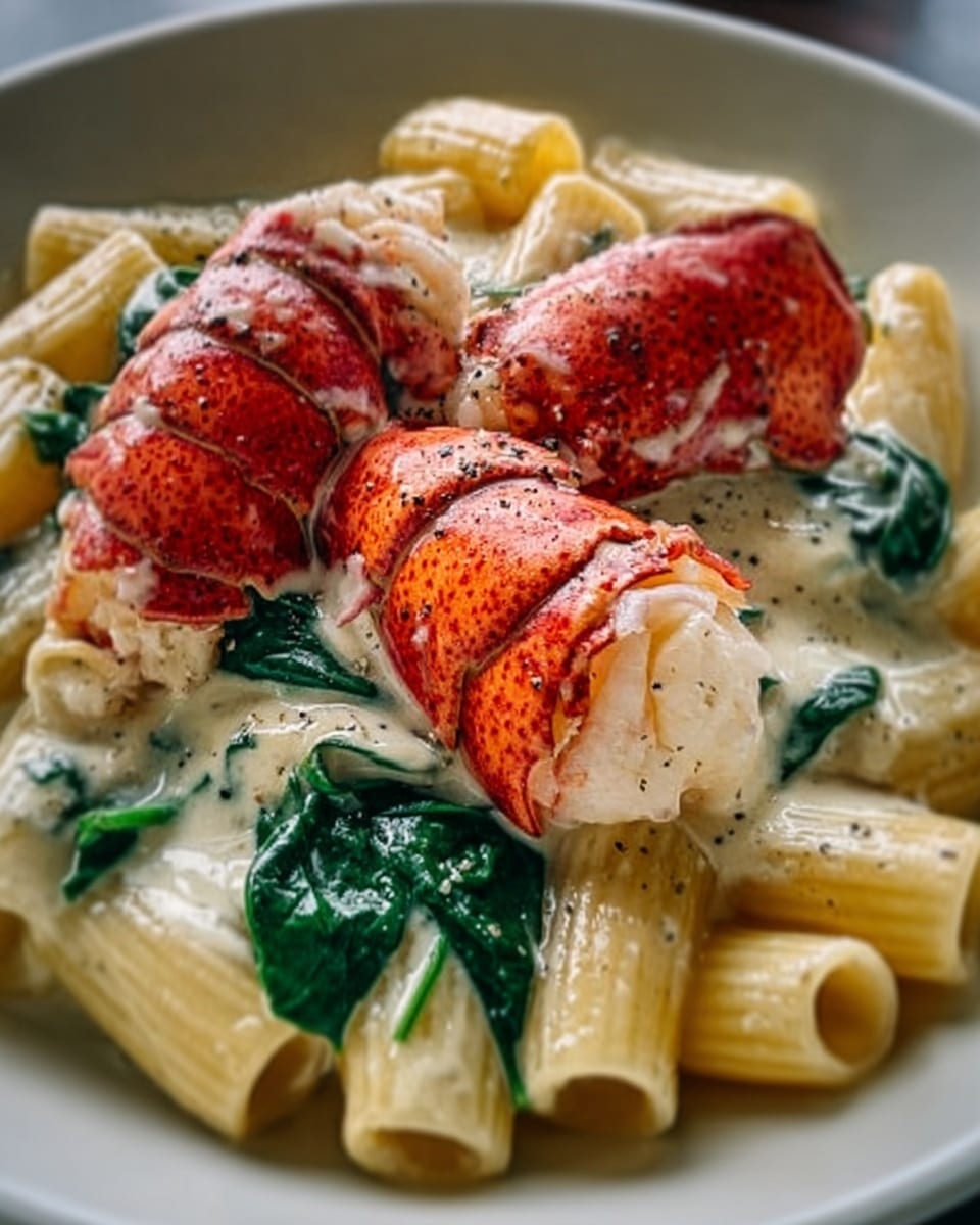 The image shows a dish with wide pasta tubes at the bottom, creamy pale yellow sauce covering them. On top, there are four big, bright red-orange lobster claw pieces with a smooth, shiny texture. Between the lobster pieces, there are blanched spinach leaves with dark green color, slightly wet and soft. The sauce is thick and creamy, covering the lobster partially and pooling around the pasta. There is a sprinkle of black pepper over the whole dish, adding contrast. The dish is served in a white plate sitting on a white marbled surface. Photo taken with an iphone --ar 4:5 --v 7