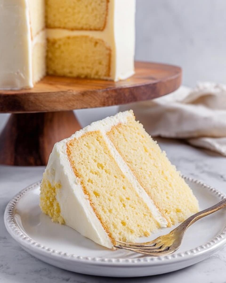 A slice of two-layer yellow cake with light cream frosting between the layers and on the outside edges sits on a white plate with a fork nearby. The cake layers are soft and moist with a pale yellow color, while the frosting is smooth and creamy white. In the background, the rest of the cake with the same two layers and frosting is placed on a wooden board. The scene is set on a white marbled surface. Photo taken with an iphone --ar 4:5 --v 7