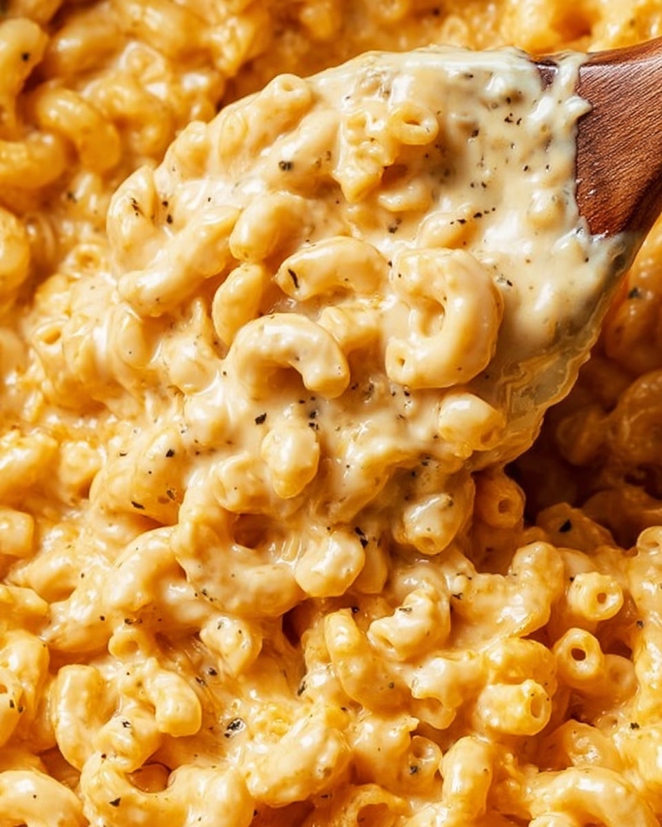 A close-up view of creamy macaroni and cheese showing two distinct layers: the bottom layer is a rich, melted orange cheese sauce coating the elbow macaroni, while the top layer is a lighter beige cheese sauce that looks smooth and thick, lifting with a wooden spoon. The macaroni pieces are glossy and soft, with small specks of black pepper and herbs scattered throughout. The background features a white marbled texture. photo taken with an iphone --ar 4:5 --v 7