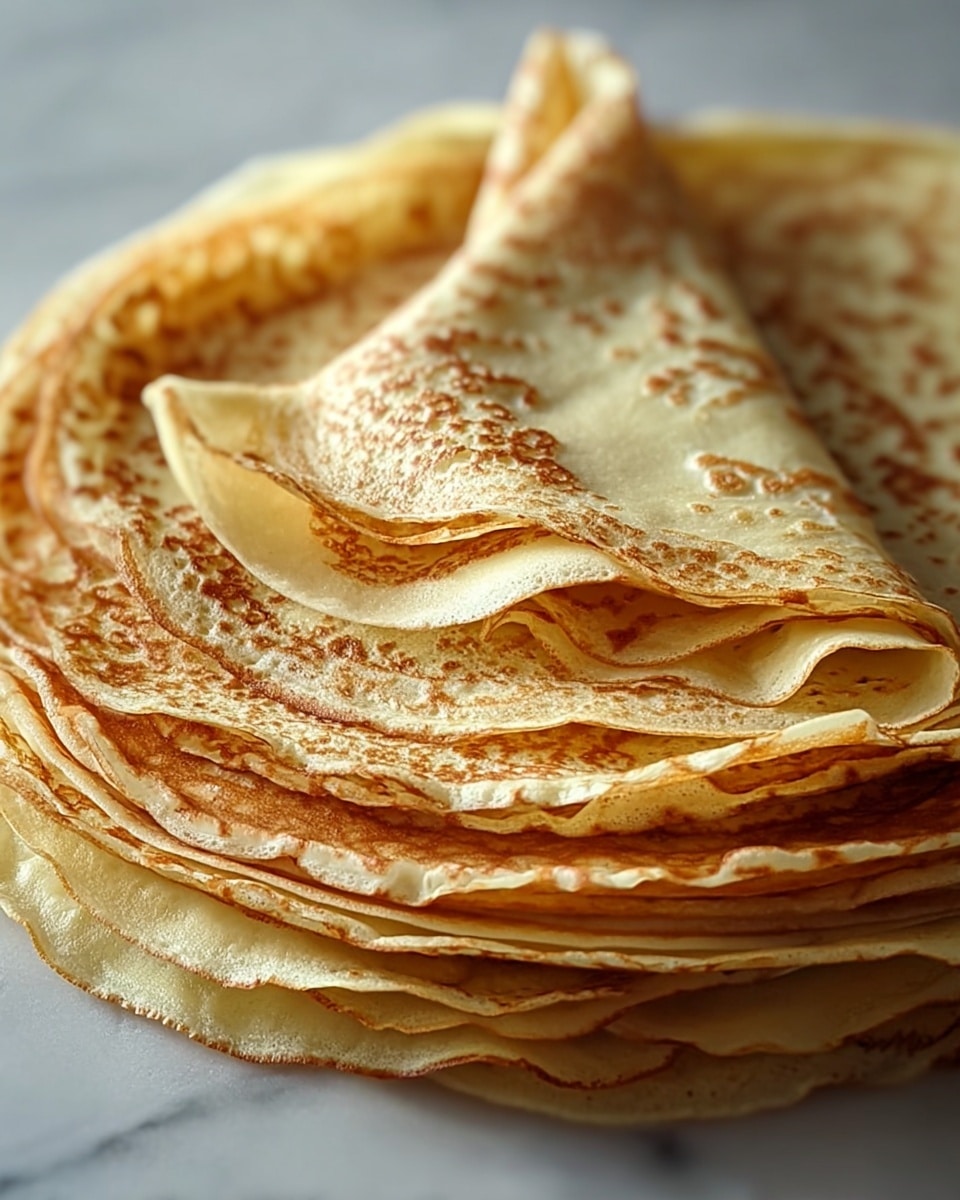 A stack of thin crepes on a white marbled surface, with each crepe showing a light golden brown color and soft, slightly bumpy texture. The crepes are layered neatly, one on top of the other, with the top crepe folded into a loose triangle revealing its smooth inner side which is a pale yellow color with some golden spots. The edges are slightly curled and delicate, creating a light and airy look. photo taken with an iphone --ar 4:5 --v 7