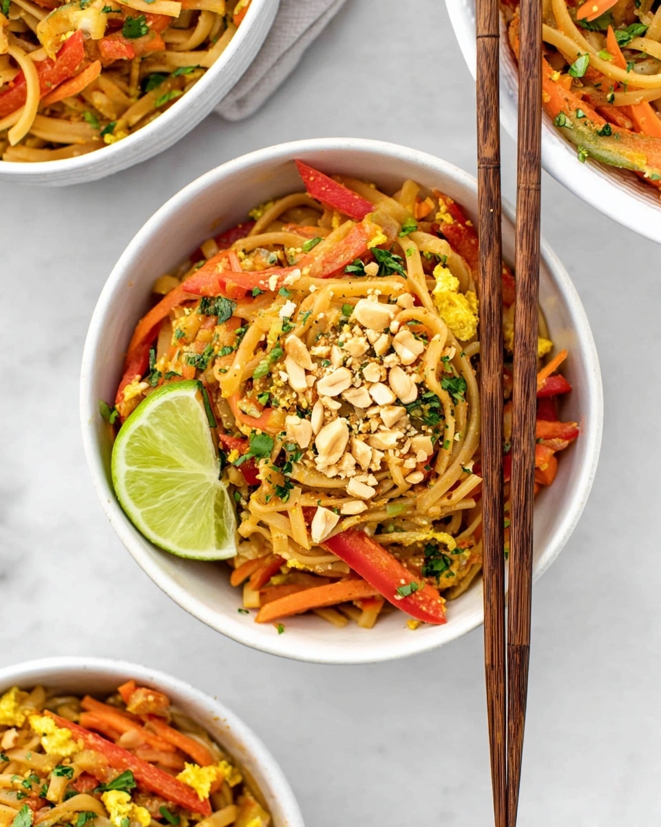 In the center, a white bowl holds a colorful noodle dish with three main layers: the base is light beige noodles mixed with orange and red bell pepper slices, the middle layer has chopped green herbs scattered throughout, and the top is sprinkled with crushed peanuts and a bright lime wedge on the side. Two brown wooden chopsticks rest on the bowl’s edge. Surrounding the main bowl on a white marbled surface are two smaller bowls filled with finely chopped green herbs and red chili flakes, as well as two lime wedges. Part of two more white bowls carrying the same noodle dish can be seen on the top right and bottom right corners. photo taken with an iphone --ar 4:5 --v 7