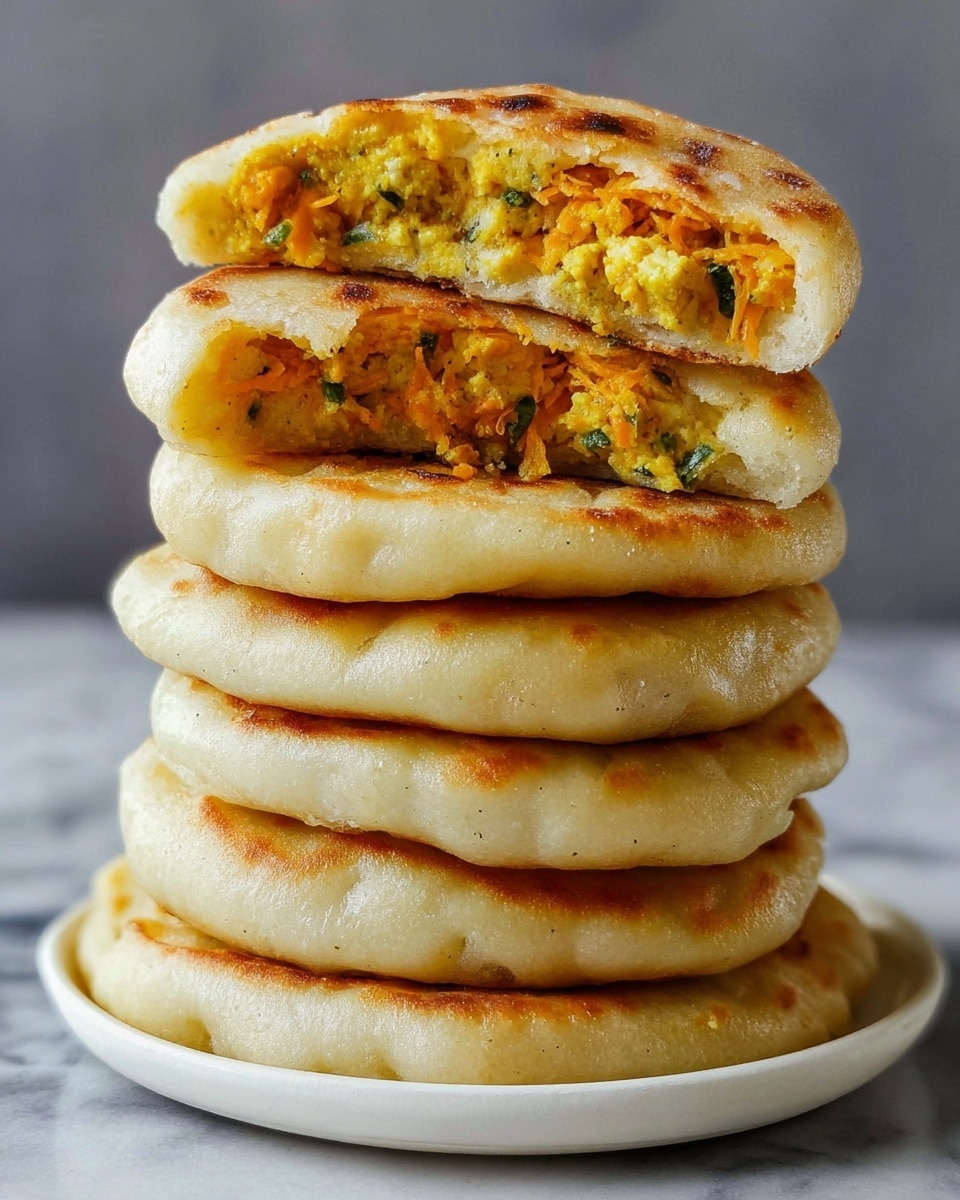 A tall stack of seven round stuffed flatbreads sits on a white plate, each with a light golden-brown, slightly crispy outer layer showing slight puffiness and some soft texture. The top flatbread is cut in half, revealing an inner filling with two clear layers: a bottom layer of soft yellow crumbly mixture, likely scrambled with green herbs, and a top layer of bright orange shredded vegetables, possibly carrots, mixed with more yellow crumbs and green bits. The flatbreads are stacked tightly, showing their soft and thick texture, with the white marbled surface underneath adding a clean, bright background. Photo taken with an iphone --ar 4:5 --v 7