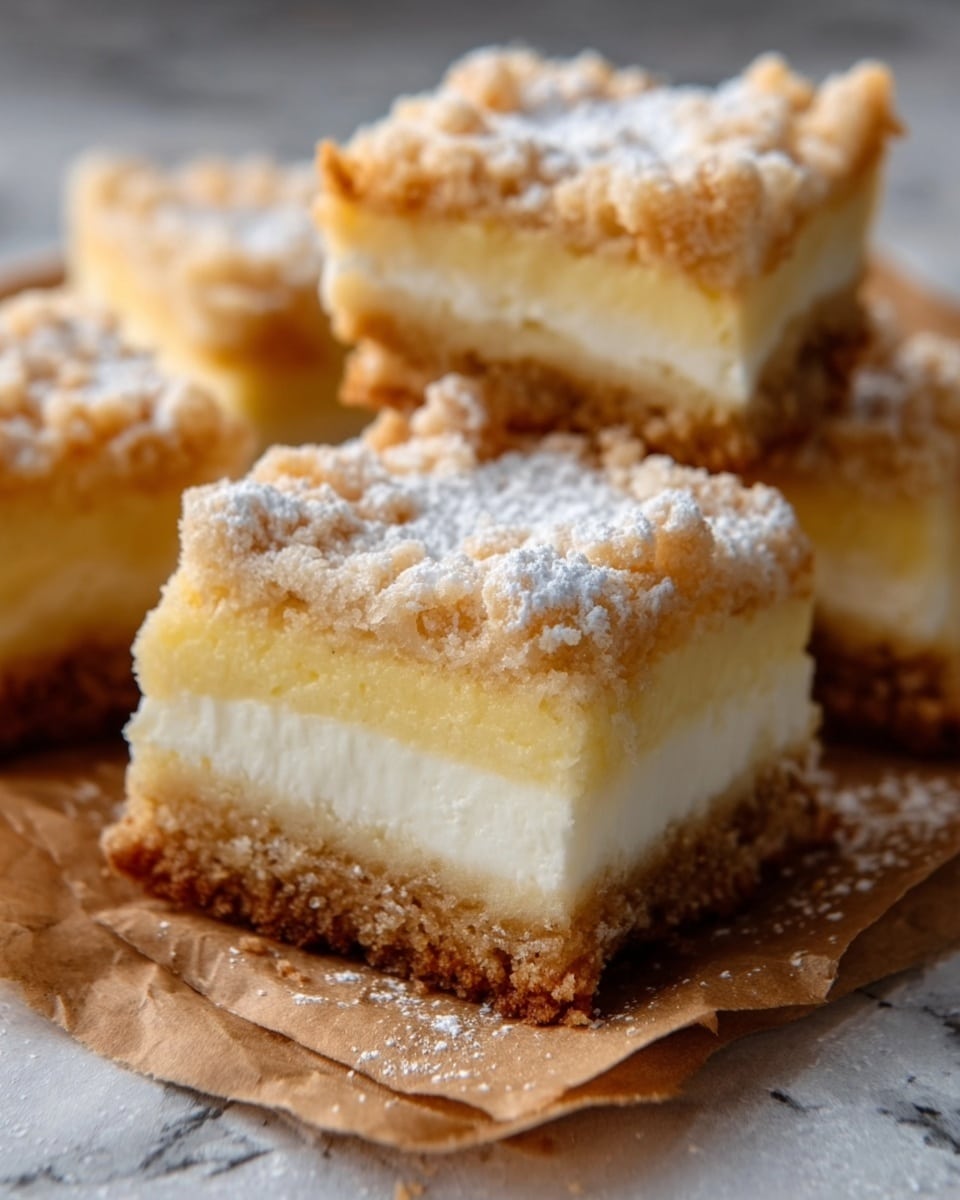 The image shows several square slices of a dessert with three distinct layers. The bottom layer is a golden, crumbly crust with a rough texture. The middle layer is a smooth, creamy white filling that looks soft and thick. The top layer is a light golden crumb topping with some powdered sugar sprinkled on it, giving a slightly powdered white look. The dessert pieces are placed on a piece of brown parchment paper with a white marbled texture background. The close-up view highlights the texture and freshness of the dessert. photo taken with an iphone --ar 4:5 --v 7