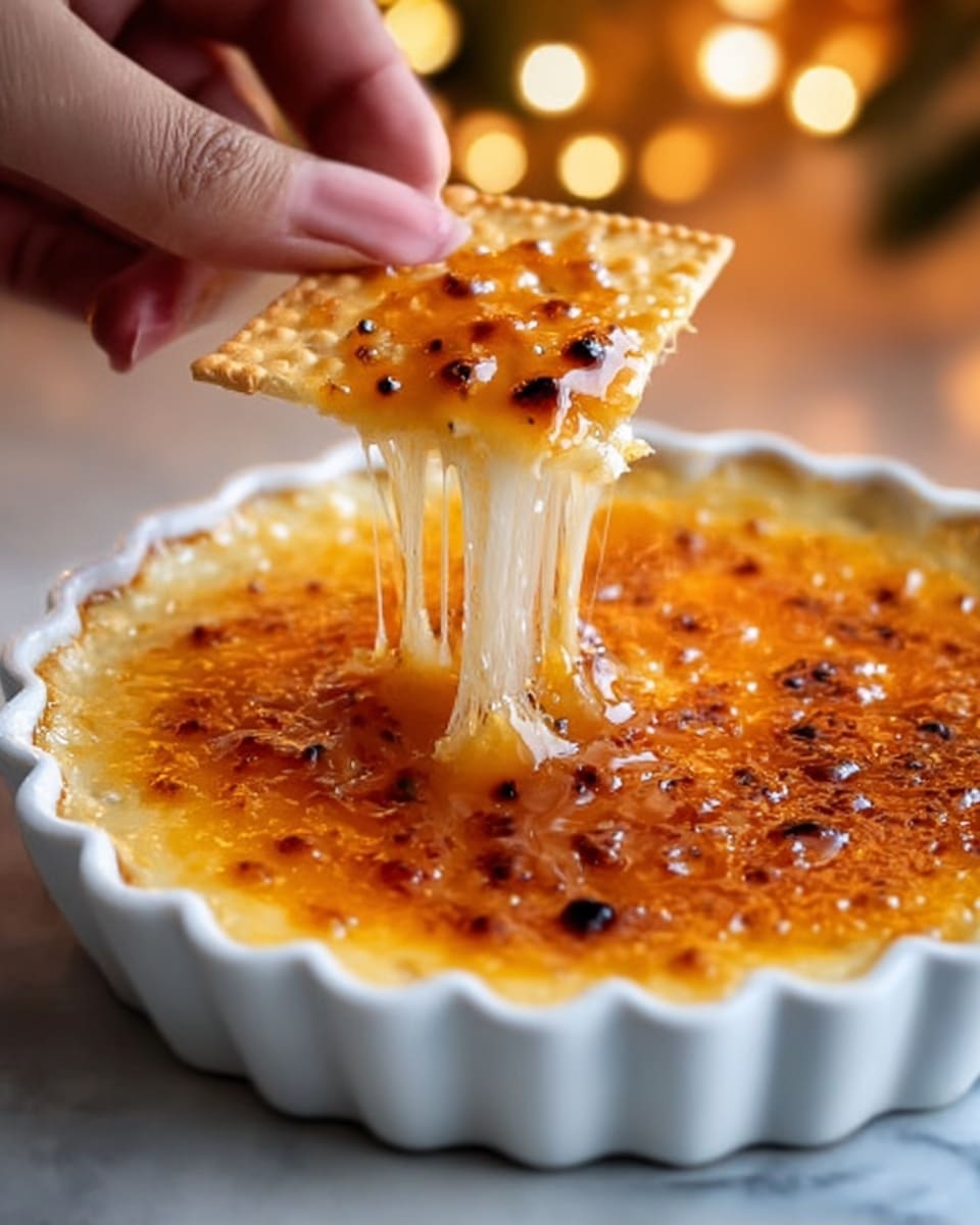 A close-up view of a white shallow scalloped ceramic dish filled with a smooth, golden-brown surface of brûléed custard with a shiny, caramelized sugar layer that has small dark spots from torching. A woman's hand is lifting a small square caramelized sugar cracker from the dish, showing stringy melted cheese stretching between the dish and the cracker. The background is softly blurred with warm lights, and the dish is placed on a white marbled surface. photo taken with an iphone --ar 4:5 --v 7