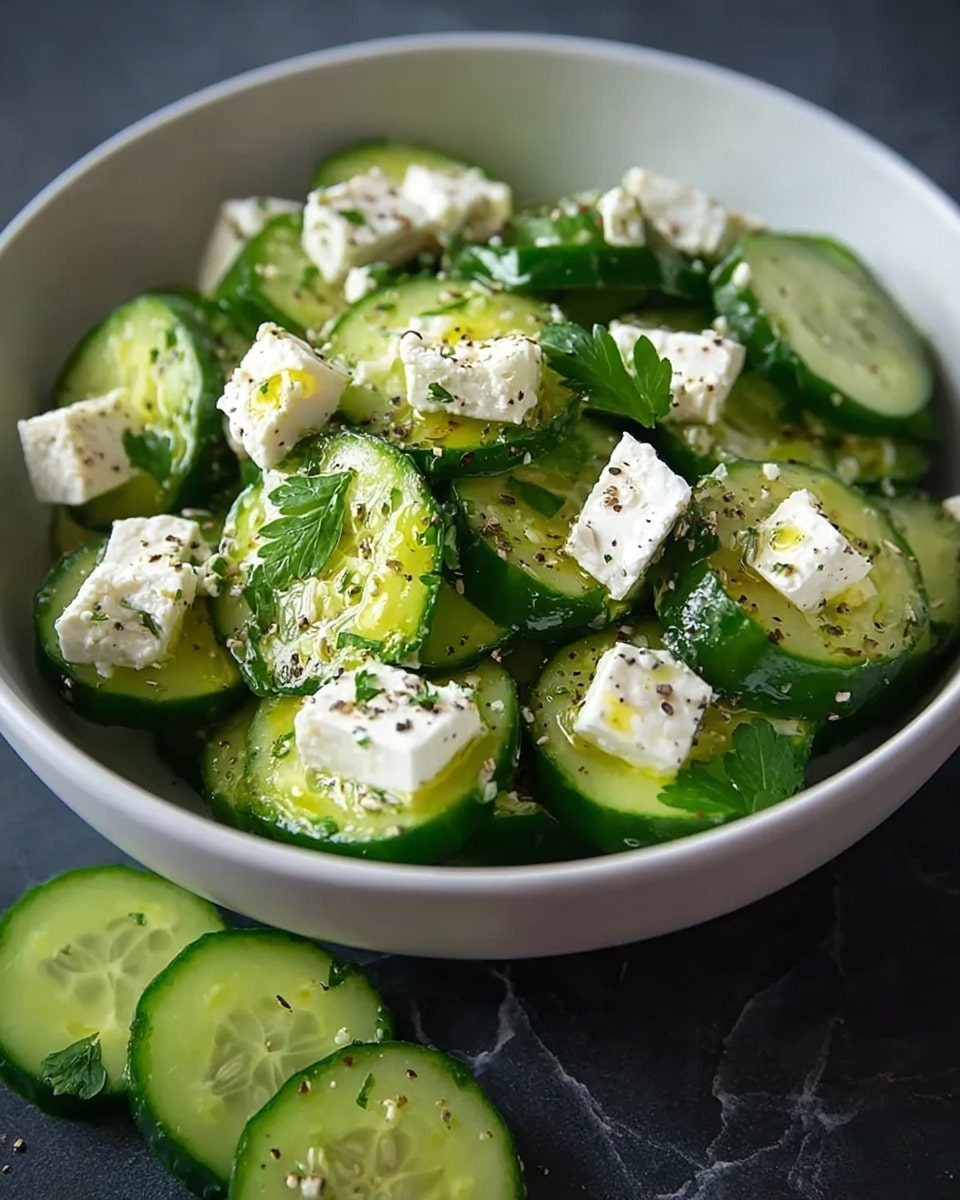A white bowl filled with bright green cucumber slices arranged in layers, topped with small white chunks of soft cheese scattered evenly across the cucumbers. The cucumbers have a shiny, fresh texture with some herbs sprinkled on top, and small droplets of olive oil glisten on the surface. A few fresh green leaves are placed on the cheese and cucumber, adding a fresh, leafy touch. Outside the bowl, on the white marbled surface, some cucumber slices with cheese and herbs are placed loosely. Photo taken with an iphone --ar 4:5 --v 7