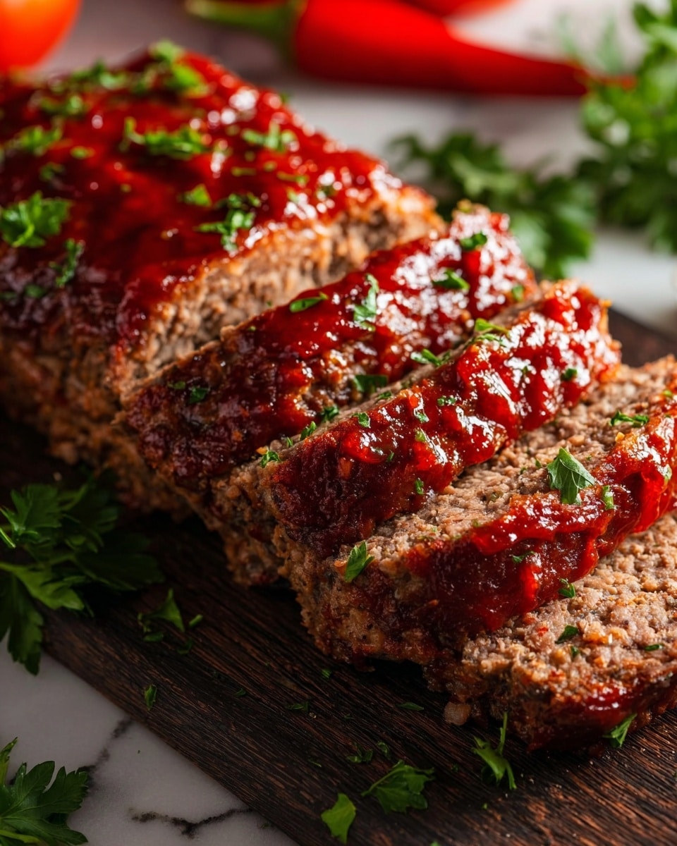 A thick slice of meatloaf sits on a white plate, showing a textured, browned outer layer and a moist, dense inside with visible meat fibers. The top is covered with a shiny, rich red sauce that drips slightly down the sides, sprinkled with fresh chopped green herbs. To the left of the meatloaf, there is a small mound of light yellow mashed potatoes with a slightly grainy texture. The plate is placed against a white marbled background, with some scattered herbs adding a fresh touch. Photo taken with an iphone --ar 4:5 --v 7