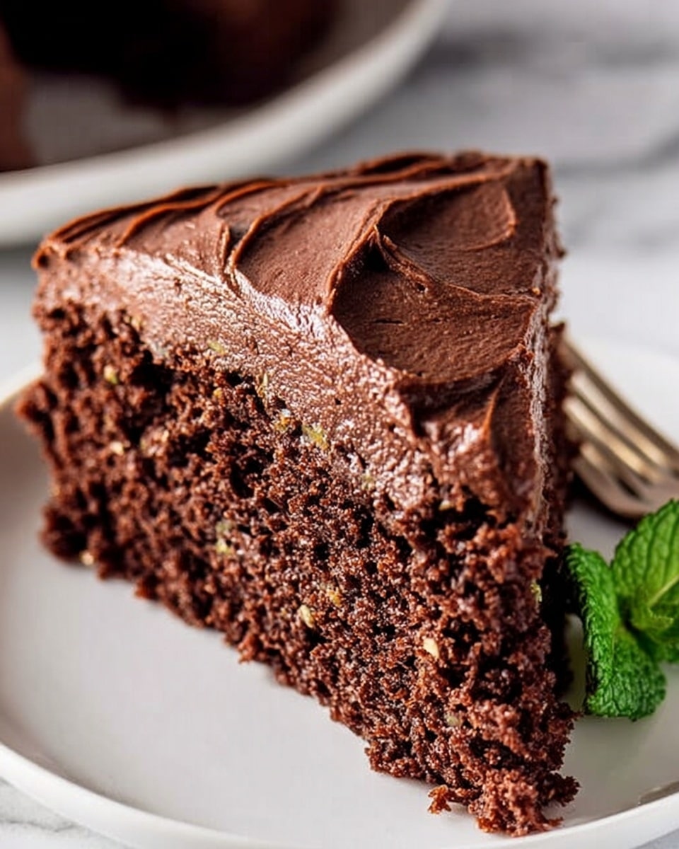 A single slice of chocolate cake with a dense, moist texture sits on a white plate, showing one layer with a smooth, shiny chocolate frosting on the top. The cake is dark brown with a rich, slightly crumbly texture visible on the sides. A small piece of the cake is on a fork next to the slice on the right, matching the same dense texture and color. There is a small green mint leaf on the plate near the cake slice. The plate is placed on a surface with white marbled texture, softly lit with natural light. Photo taken with an iphone --ar 4:5 --v 7