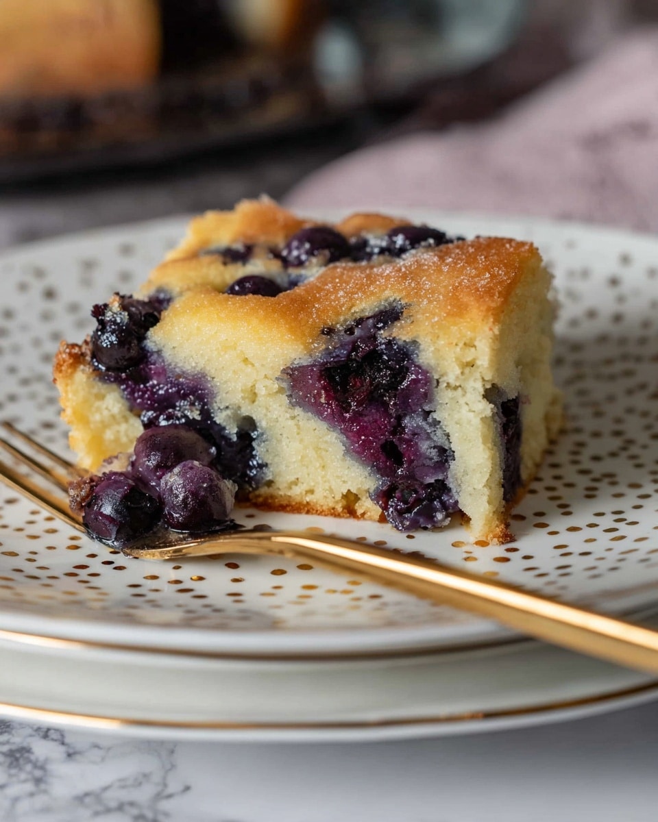 A single piece of blueberry cake sits on a white plate with small brown dots and a gold rim. The cake has two visible layers: the top layer is golden brown and slightly crisp, while the bottom layer is light yellow with whole blueberries embedded inside, showing deep purple-blue juices. A gold fork is placed on the right side of the plate. The plate rests on a white marbled surface with a blurred background. photo taken with an iphone --ar 4:5 --v 7