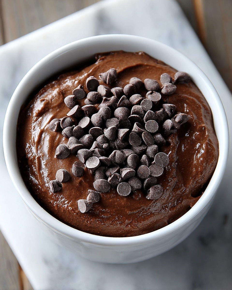 A small white bowl filled with one thick layer of dark brown chocolate mousse, topped with scattered dark brown chocolate chips. The mousse has a creamy and slightly glossy texture with some visible smoothness and small ridges. The chocolate chips on top add a dense cluster of rounded shapes with a matte finish. The bowl is placed on a wooden surface replaced with a white marbled texture. photo taken with an iphone --ar 4:5 --v 7
