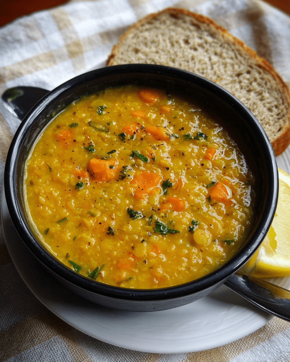 A close-up view of a stainless steel pot filled with thick, yellow-orange lentil soup with visible small orange carrot pieces and green leafy bits mixed throughout. The soup looks creamy with a chunky texture and is stirred by a metal spoon with a black handle resting on the side of the pot. The pot sits on a white marbled texture covered by a checked cloth under soft natural light. photo taken with an iphone --ar 4:5 --v 7