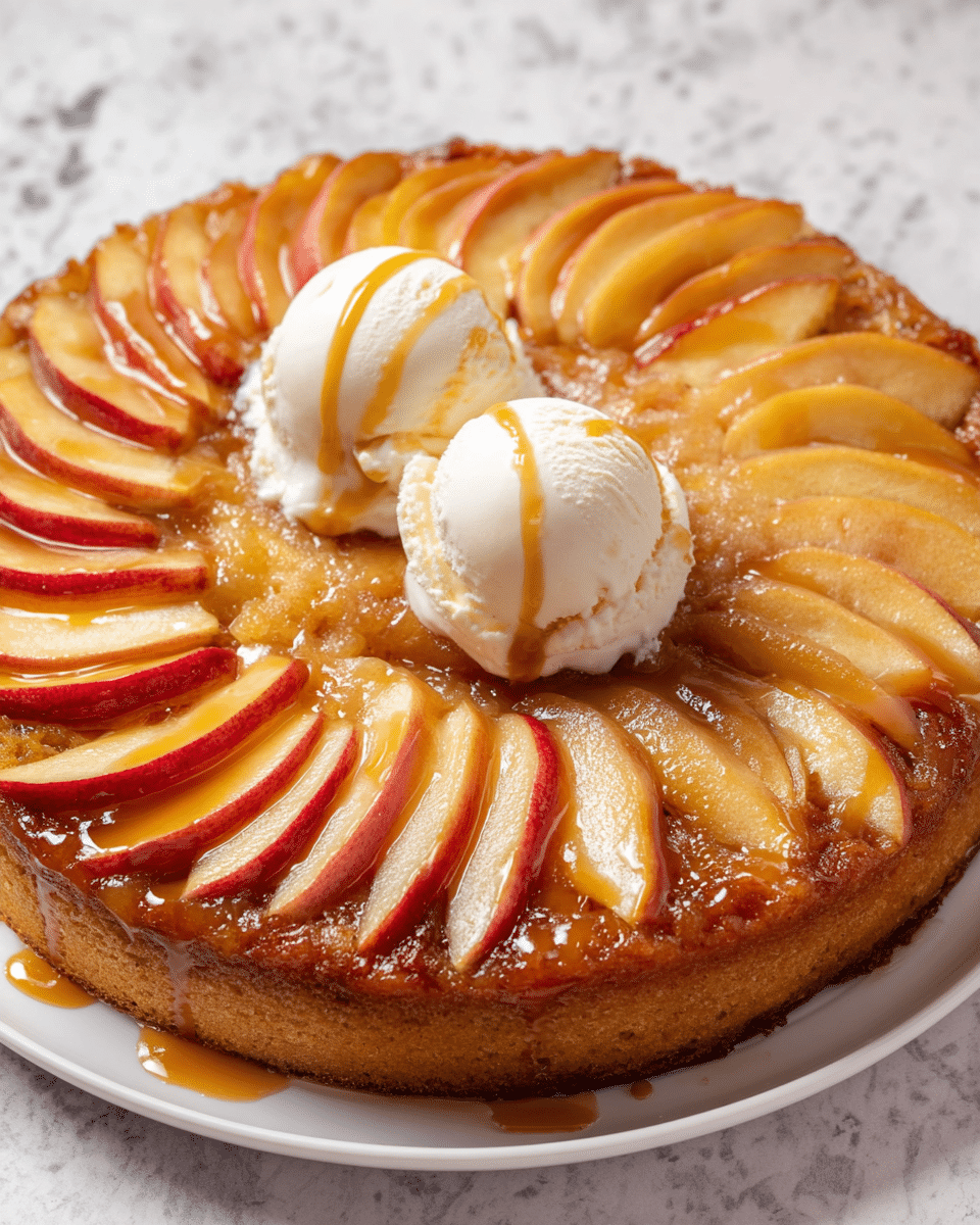 A round upside-down apple cake with a golden-brown caramelized top layer of thin apple slices arranged in a circular pattern, showing red and yellow hues. Beneath the apple layer is a moist, light brown cake base. On top, near the center, there are two scoops of creamy white vanilla ice cream with smooth texture, drizzled with golden caramel sauce that slightly drips down the sides. The cake is placed on a white plate, set on a white marbled textured surface. photo taken with an iphone --ar 4:5 --v 7