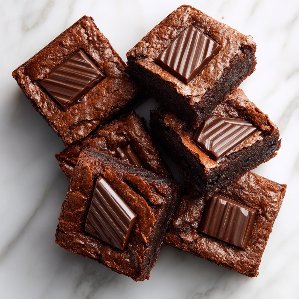 A rich, dark brown brownie base fills the image, showing a moist and slightly glossy texture with some cracks on the surface. Embedded in the brownie are six pieces of chocolate with a smooth, shiny finish and a striped pattern on top, arranged irregularly across the surface. The edges of the brownie look slightly raised and textured. The background is a white marbled texture. Photo taken with an iphone --ar 4:5 --v 7