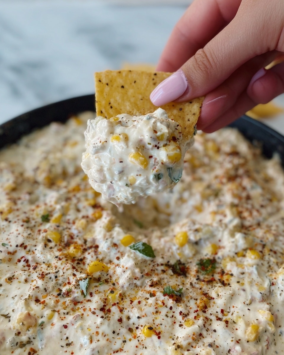 A close-up of a creamy dip with a thick texture full of visible small corn pieces and green herbs mixed in. The dip is white with specks of red and black pepper sprinkled all over its surface. A white, speckled tortilla chip is holding a scoop of the dip, showing the creamy, chunky mix clearly. The background consists of more dip filling a round white dish on a white marbled surface. A woman's hand with light pink nail polish is holding the chip. photo taken with an iphone --ar 4:5 --v 7