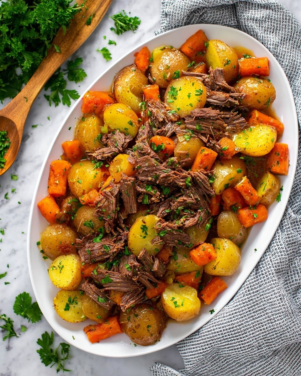 A white oval plate is filled with a mix of cooked beef chunks, yellow potatoes cut in halves, and bright orange carrot pieces, all coated with a light brown gravy. The beef looks tender and shredded in places, scattered mostly in the middle, surrounded by the potatoes and carrots arranged around the edges. Fresh green parsley leaves are sprinkled on top for garnish. The plate sits on a white marbled surface with a gray and white striped cloth on the left and some green leafy parsley on the upper right. A wooden spoon rests on the right side of the image. photo taken with an iphone --ar 4:5 --v 7