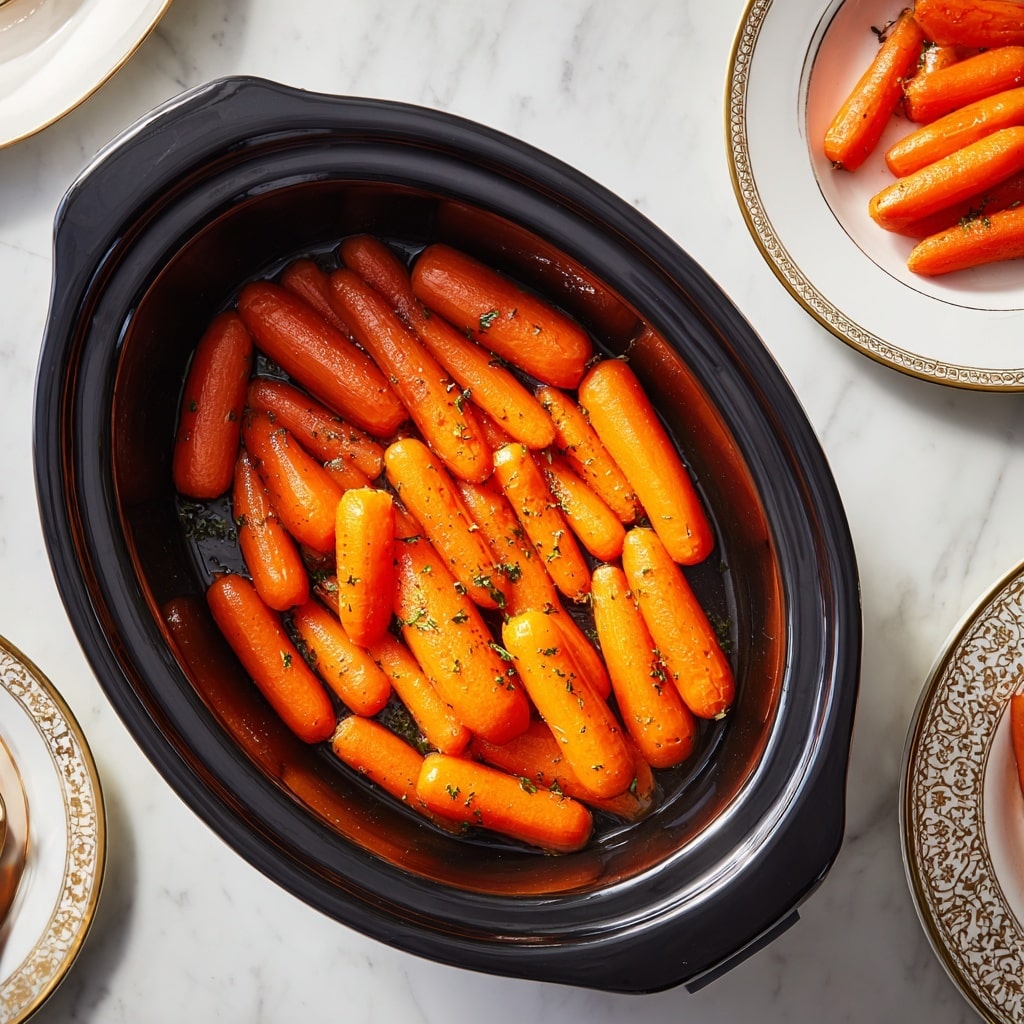 A tall pile of shiny cooked baby carrots with a few green tops left stands on a white pedestal dish with gold trim in the center of a white marbled table. The carrots are bright orange and smooth-skinned, forming an uneven mound with some pointing outward. Around the platter, there are white plates with blue and gold patterned rims stacked on white chargers with red rims, accompanied by silver forks and spoons neatly placed. In the background, a glazed ham and green beans sit on another white plate, slightly out of focus. Clear glass goblets and a white marbled surface complete the setting. photo taken with an iphone --ar 4:5 --v 7