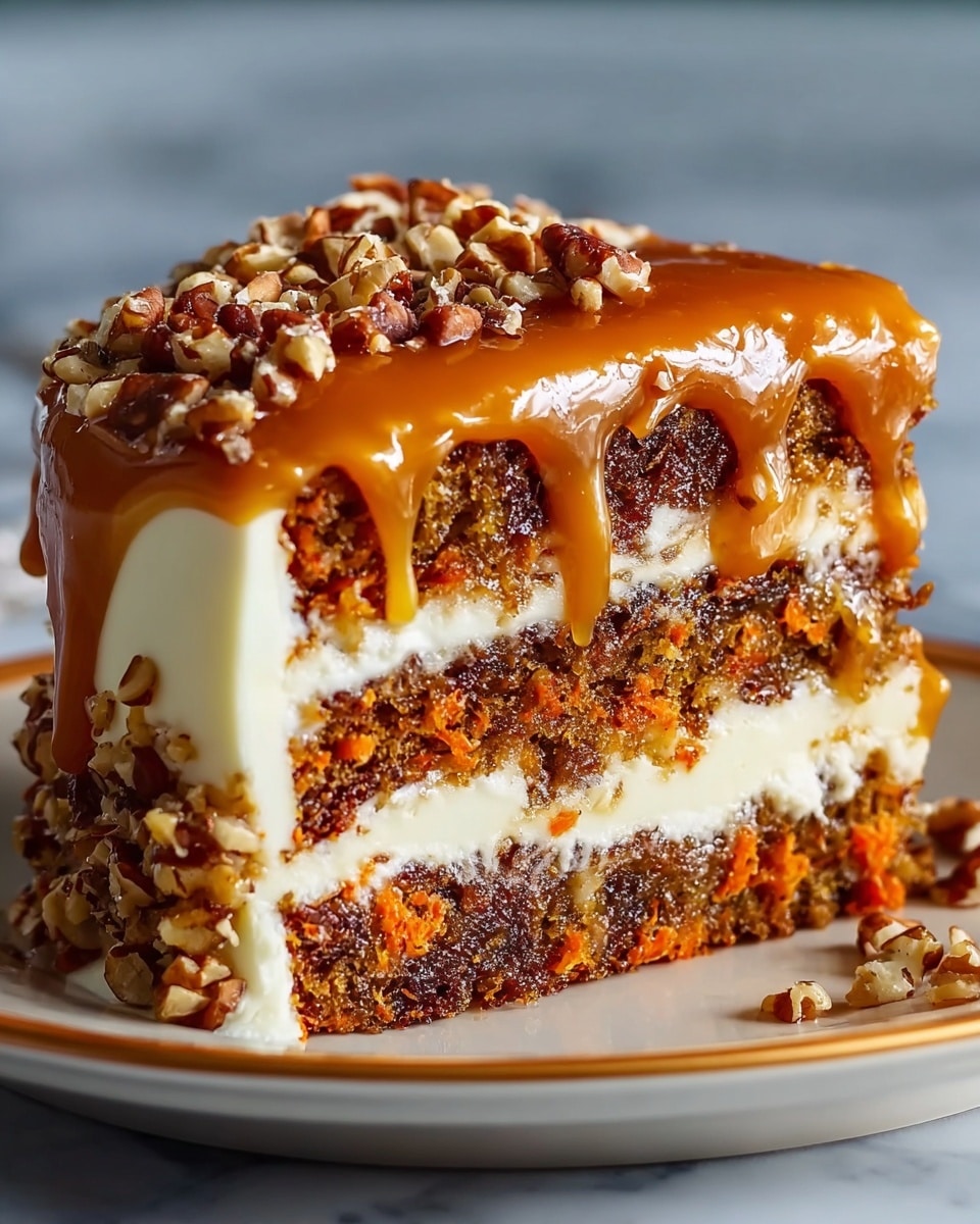 A tall, three-layer cake sits on a white marbled surface, each moist brown cake layer separated by thick white cream filling. The top layer is covered in shiny orange caramel glaze that drips unevenly down the sides of the cake, pooling slightly at the base. The caramel is sprinkled with small pieces of chopped nuts, adding texture. Delicate clusters of small white flowers decorate the top, giving a fresh and soft contrast to the rich caramel. The sides of the cake are smooth white cream with some nuts pressed into the bottom edge for decoration. photo taken with an iphone --ar 4:5 --v 7