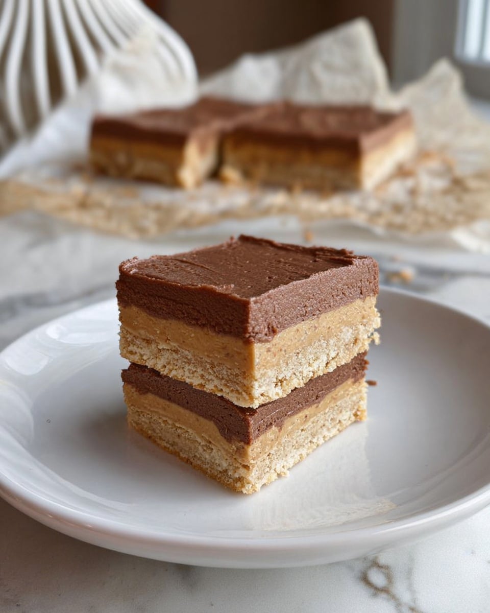 The image features a square, two-layered dessert on a white plate set on a white marbled surface. The bottom layer is a thick, crumbly, beige base with a rough texture, looking like a dense cookie or biscuit. The top layer is a smooth, thick, dark brown chocolate cream spread evenly over the base. Some bites are taken from the dessert, showing the soft, crumbly interior and revealing the thickness of each layer clearly. Crumbs are scattered around the base on the plate, adding a casual, homemade feel. In the blurred background, more pieces of the dessert are visible, placed on parchment paper with soft natural light filtering through. photo taken with an iphone --ar 4:5 --v 7