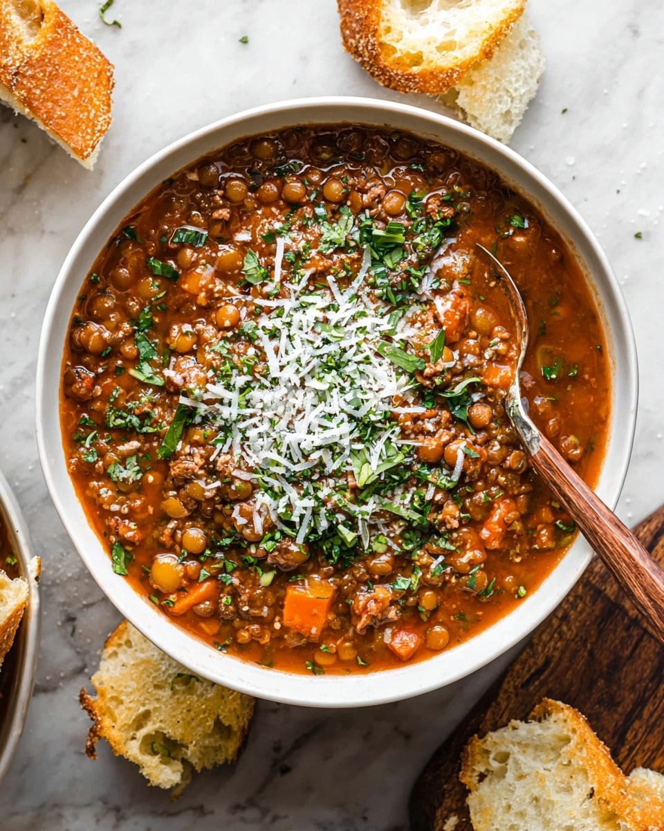 The image shows a white bowl filled with a thick, hearty stew made of small chunks of meat and orange lentils in a rich, dark red-brown sauce. On top, there is a generous layer of finely chopped green herbs spread around two mounds of finely grated white cheese at the center. A wooden-handled spoon rests inside the bowl, partially submerged in the stew. Around the bowl, pieces of torn crusty bread with a golden-brown crust and soft white inside are placed on a dark wooden surface that has been changed to a white marbled texture. photo taken with an iphone --ar 4:5 --v 7