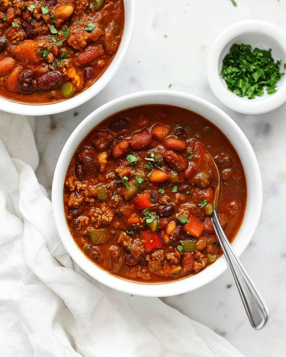 A white bowl filled with a thick stew containing multiple layers of chunky ingredients. The base layer is a rich, dark reddish-brown sauce with a glossy texture. Spread throughout are bright orange shrimp, black beans, and small pieces of green bell pepper, giving the stew pops of bright orange, black, and green colors. Bits of browned ground meat and diced tomatoes add texture and deep color contrasts. Small green herb leaves are sprinkled on top, adding a fresh touch. The bowl sits on a white marbled surface with another similar bowl partly visible above. photo taken with an iphone --ar 4:5 --v 7