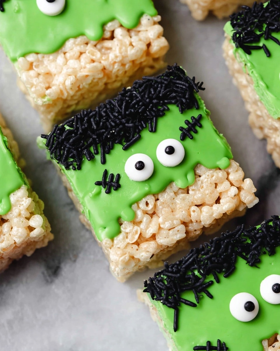 The image shows several square rice crispy treats placed closely together on a white marbled surface. Each treat has two layers: the bottom layer is a light beige rice crispy cereal mixture with a rough, bubbly texture, and the top layer is bright green icing that covers roughly half the treat, creating a drippy edge where it meets the rice treats. On top of the green icing, there are black candy sprinkles arranged to look like messy hair. Each treat has two round, white candy eyes with black pupils and small dark icing stitches on the green icing, resembling a Frankenstein face. The overall look is playful and colorful, perfect for a fun Halloween snack. photo taken with an iphone --ar 4:5 --v 7