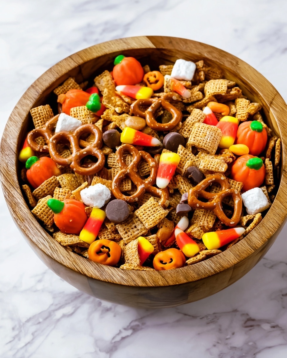 A wooden bowl filled with a colorful mix of treats sits on a white marbled surface. The mixture has three main layers: the base is made of small, square, honey-colored cereal pieces with a crunchy texture, scattered throughout are twisted, light brown pretzels. On top, there are pretzels coated in white and dark chocolate, small pumpkin-shaped candies in bright orange and green, vibrant candy corn pieces with yellow, orange, and white colors, and round candies in orange, yellow, and dark brown that add bright spots. The mix shows a variety of shapes and textures, making it look fun and inviting. photo taken with an iphone --ar 4:5 --v 7