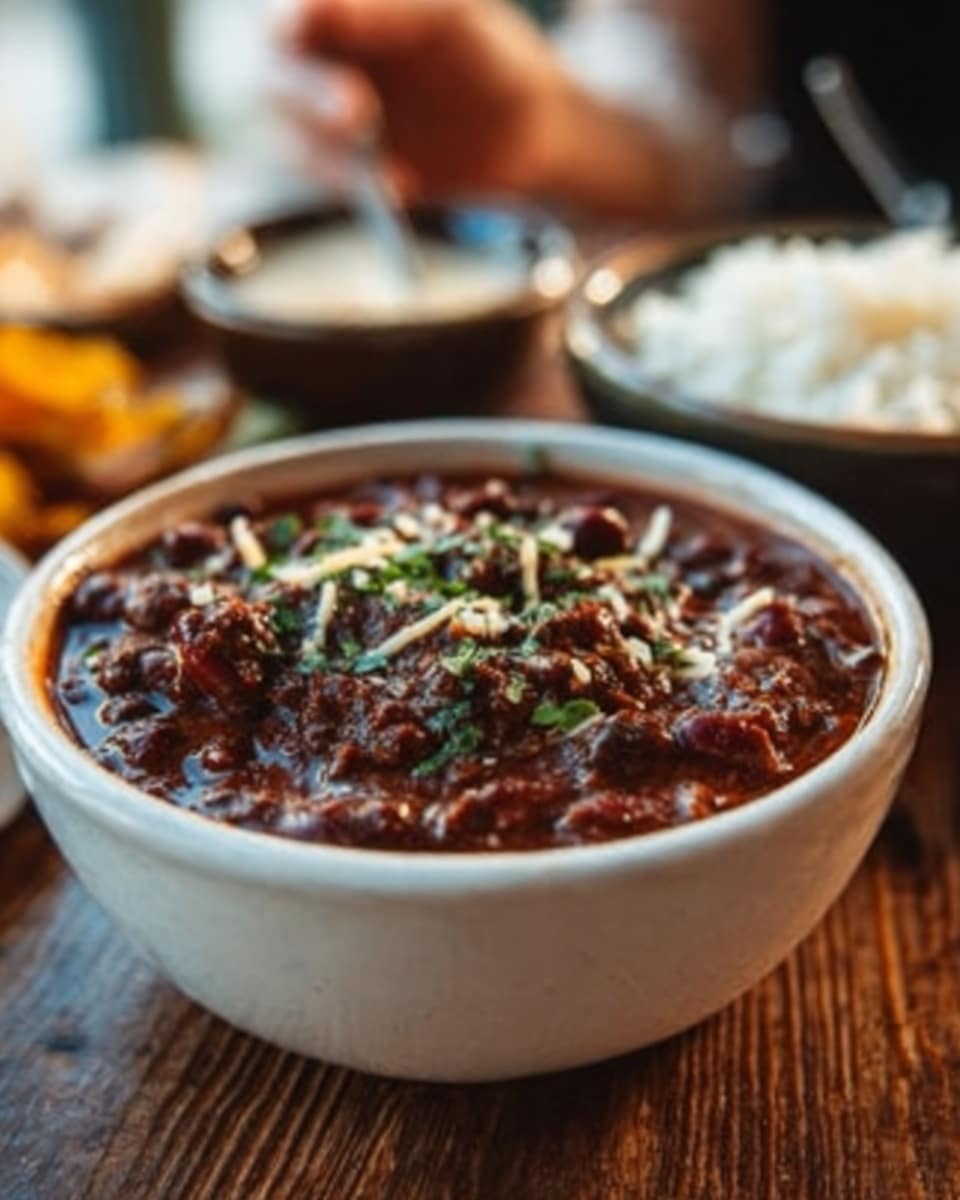 The image shows a bowl filled with thick, dark red chili with chunks of meat and bits of green herbs on top, giving it a rich and textured look. The bowl is placed on a white marbled surface with a metal spoon next to it. Around the bowl, there are scattered pieces of shredded yellow cheddar cheese, fresh green cilantro leaves, and small white diced onions. There is also a white bowl with white rice in the lower part of the scene. The overall setup looks rustic and appetizing with a mix of bright and deep colors. photo taken with an iphone --ar 4:5 --v 7