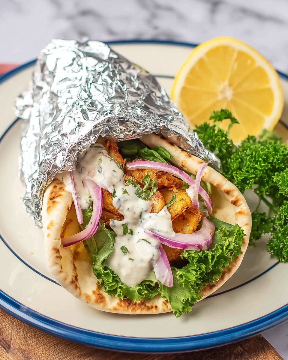 A toasted flatbread wrap partially covered in shiny silver foil sits on a white plate with a blue rim, placed on a white marbled surface. Inside the flatbread, there is a base layer of green leafy lettuce, topped with thin slices of purple onion. Above these, golden brown fried pieces are visible, covered by a thick, creamy white sauce with a slightly textured surface. A wedge of lemon and a small bunch of curly green parsley are placed next to the wrap on the plate. Photo taken with an iphone --ar 4:5 --v 7