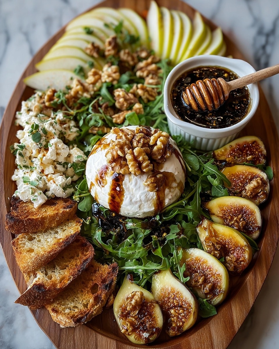 A wooden board holds an elegant arrangement of foods layered over fresh green arugula leaves. At the center, there is a smooth white ball of burrata cheese topped with glossy brown walnuts and drizzled with dark balsamic glaze. Surrounding this, there are clusters of creamy white cheese pieces with green herbs and more walnuts on top. To the left, there are several slices of golden toasted bread arranged in a gentle curve. Above the toast are two grilled round slices with dark char lines and walnut pieces. Towards the top left, thin slices of yellow and white pears sit beside halved figs showing their pinkish interiors. On the right side, pieces of grilled cheese or paneer are stacked, also topped with walnuts and balsamic glaze. In the middle back, a small clear glass bowl contains a thick dark sauce. The whole scene is set on a white marbled texture surface. photo taken with an iphone --ar 4:5 --v 7