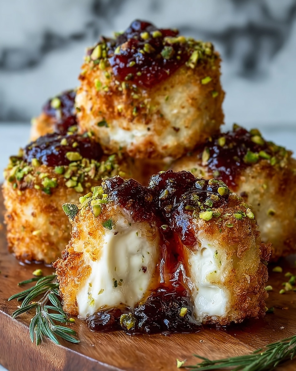 The dish shows six golden brown, crispy fried cheese cubes arranged in two rows on a white plate. Each cube has a creamy white cheese center visible in some parts and is coated with finely chopped green pistachios on top. A shiny dark red berry sauce with visible small pieces is dolloped on top of each cube, dripping slightly down the sides. There are small green herb leaves scattered around the cubes and some sauce pooling on the plate. The plate is placed on a white marbled surface. photo taken with an iphone --ar 4:5 --v 7