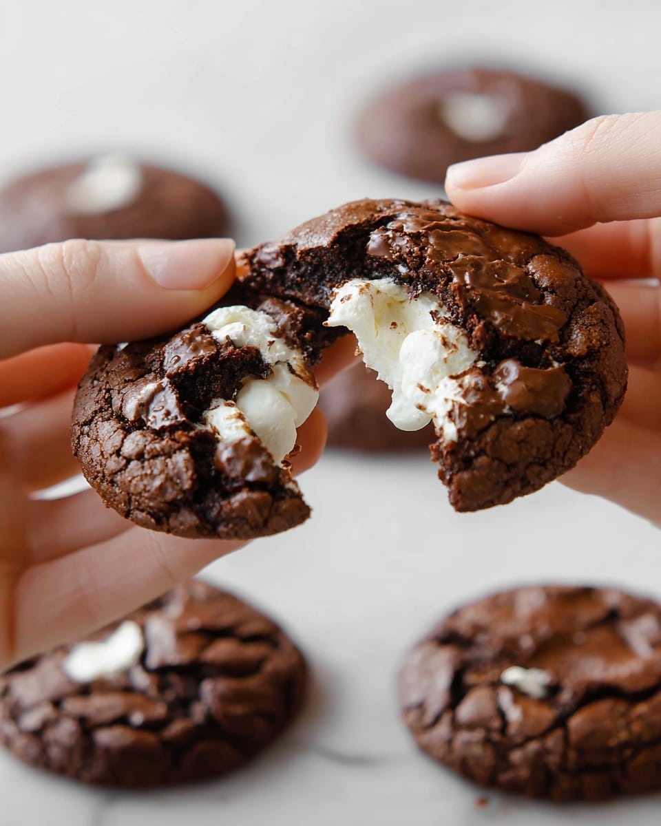 A close-up of a chocolate cookie being pulled apart by two woman's hands, showing a gooey, white marshmallow filling stretched between the two broken halves. The cookie has a rough, cracked surface with dark brown color and looks soft and chewy. In the background, several more whole chocolate cookies with the same texture lie scattered on a white marbled surface. Photo taken with an iphone --ar 4:5 --v 7