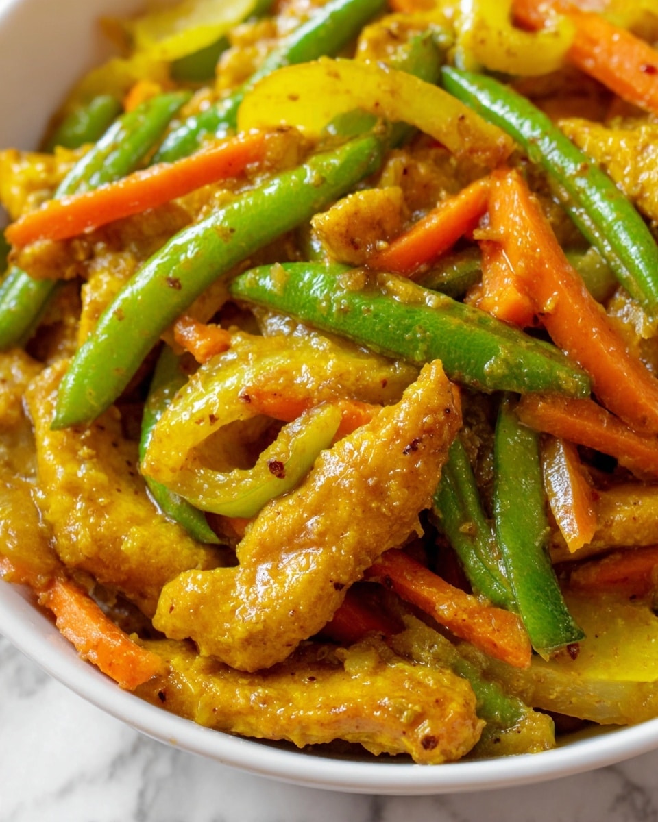 The dish shows a white bowl filled with two main layers: on the right side, there is a layer of white cooked rice with a soft texture, while the left side contains a mix of stir-fried pieces of light golden-brown chicken with a slightly glossy coating, combined with bright green bell pepper strips and small orange carrot slices, all covered in a yellow-brown curry sauce that gives the ingredients a shiny and slightly thick look, placed on a white marbled surface. photo taken with an iphone --ar 4:5 --v 7