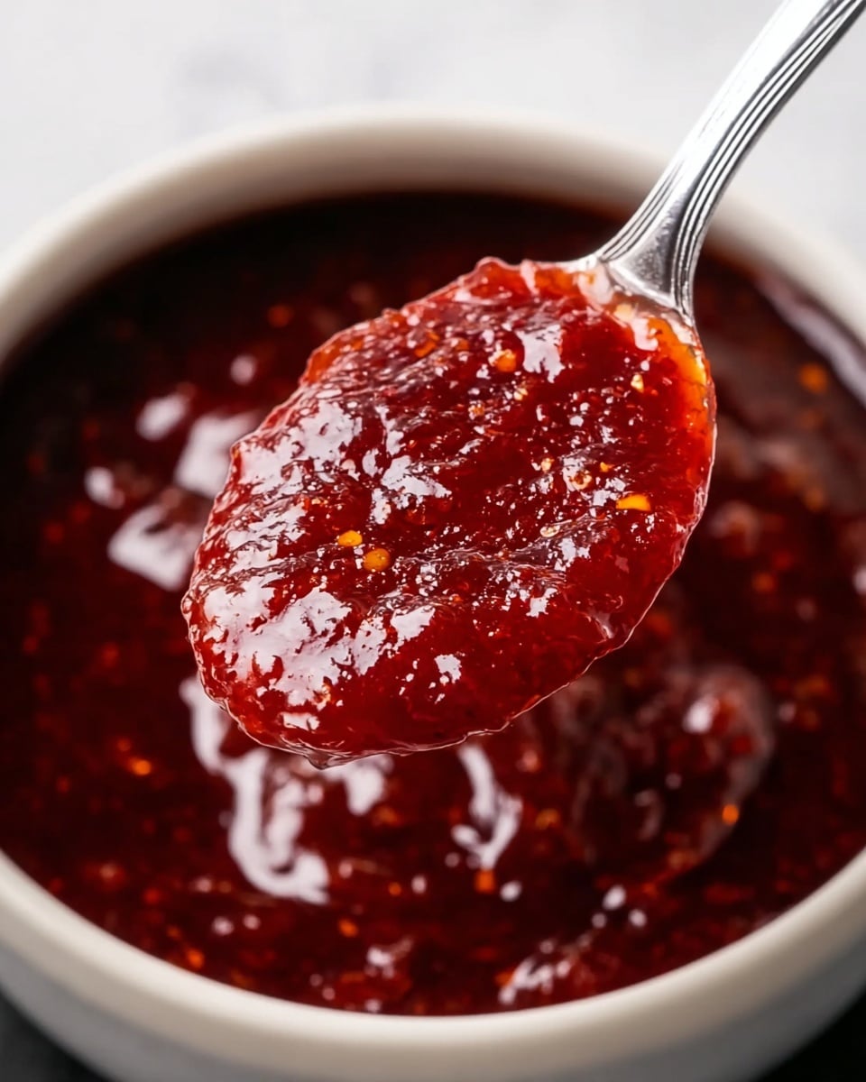 A spoon with a shiny silver handle holds a thick, glossy dark red sauce with small bits visible inside, suggesting a rich, textured chili paste or jam. The spoon is just above a white bowl filled with the same dark red, sticky sauce that has a slightly uneven surface and a glossy finish. The close-up shot focuses on the spoon and the sauce, showing detail in the sauce's thick, smooth, and slightly chunky texture. The background is a white marbled texture. photo taken with an iphone --ar 4:5 --v 7