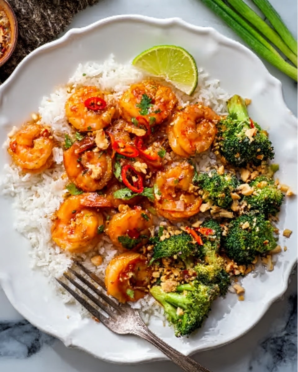 The image shows a white scalloped bowl filled with three main layers. The first layer is white rice covering half the bowl, topped with small pieces of light brown fried garlic. The second layer has medium-sized cooked shrimp with a bright orange-pink color, mixed with small green broccoli florets and thin orange carrot slices. The shrimp and vegetables are glazed with a shiny sauce, giving them a moist look. A small lime wedge is placed near the rice. A silver fork with a black handle is resting on the edge of the bowl. The bowl is set on a white marbled surface. Photo taken with an iphone --ar 4:5 --v 7