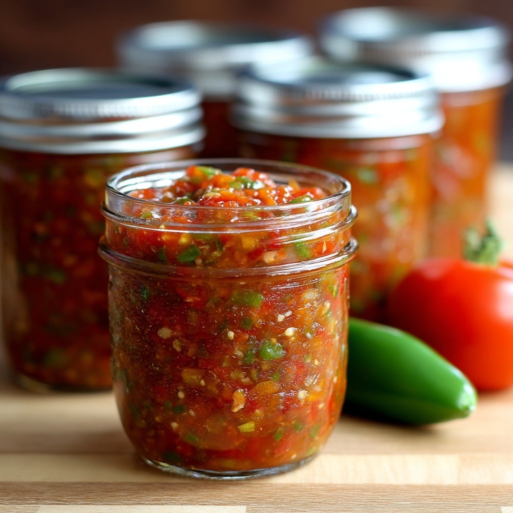 A close-up view of a clear glass jar filled with chunky red salsa, showing visible bits of green herbs and small pieces of tomato and pepper inside. The salsa has a slightly wet, textured look with a mix of red, green, and orange colors. The jar sits on a wooden surface with bright green jalapeño peppers and a wedge of light green lime nearby, along with some fresh cilantro leaves. The background is softly blurred with more jars filled with similar salsa. photo taken with an iphone --ar 4:5 --v 7