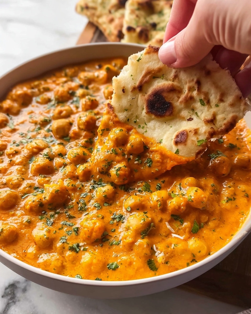 A close-up of a white bowl filled with a thick, creamy orange chickpea curry, showing many visible whole chickpeas and a smooth sauce mixed with green herb pieces sprinkled on top, with a woman's hand dipping a piece of light golden brown naan flatbread into the curry, the naan showing a slightly charred texture and some small black seed spots, all set against a white marbled textured surface. photo taken with an iphone --ar 4:5 --v 7
