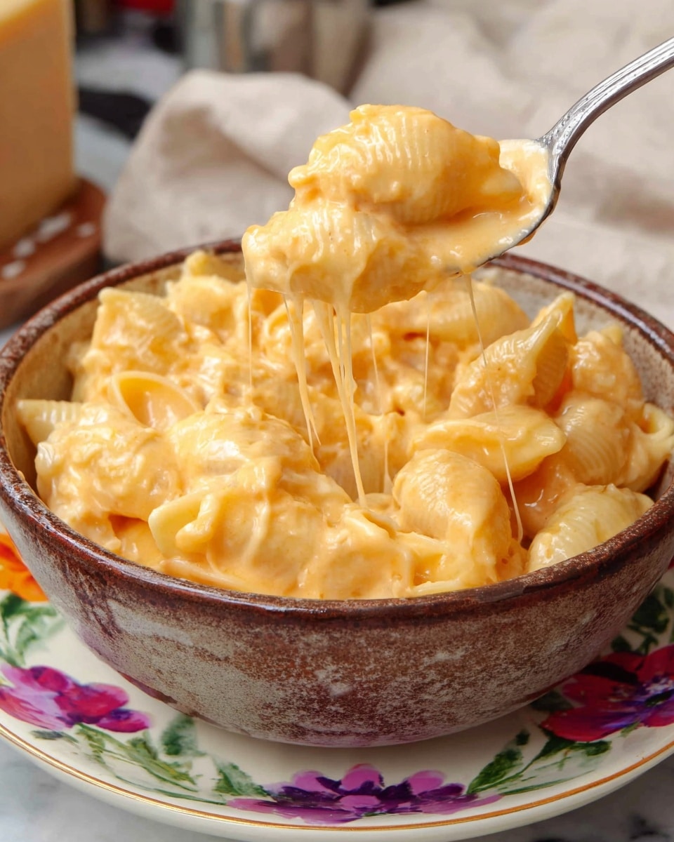 The image shows a close-up of creamy macaroni and cheese served in a rustic bowl with a brownish-purple glaze. The dish has a thick, smooth golden-yellow cheese sauce coating small shell pasta pieces, with a few small black pepper flakes visible on the surface. A shiny silver spoon dips into the cheesy pasta, lifting a spoonful of the rich, creamy mixture. The bowl rests on a white plate decorated with colorful floral patterns, all placed on a white marbled textured surface. A block of cheese is blurred in the background. Photo taken with an iphone --ar 4:5 --v 7
