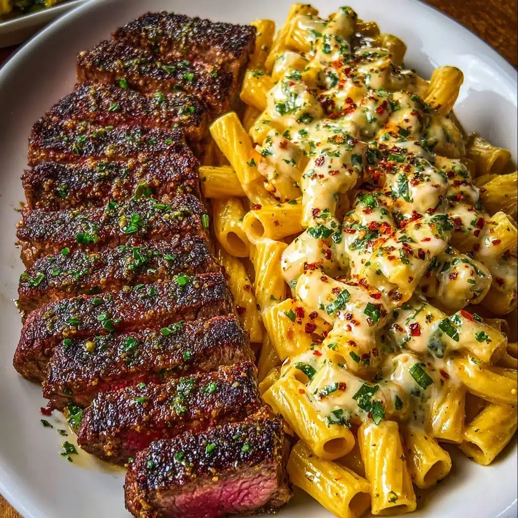 Cheesy Cajun Garlic Butter Steak with Creamy Rigatoni Recipe - Recipe Image