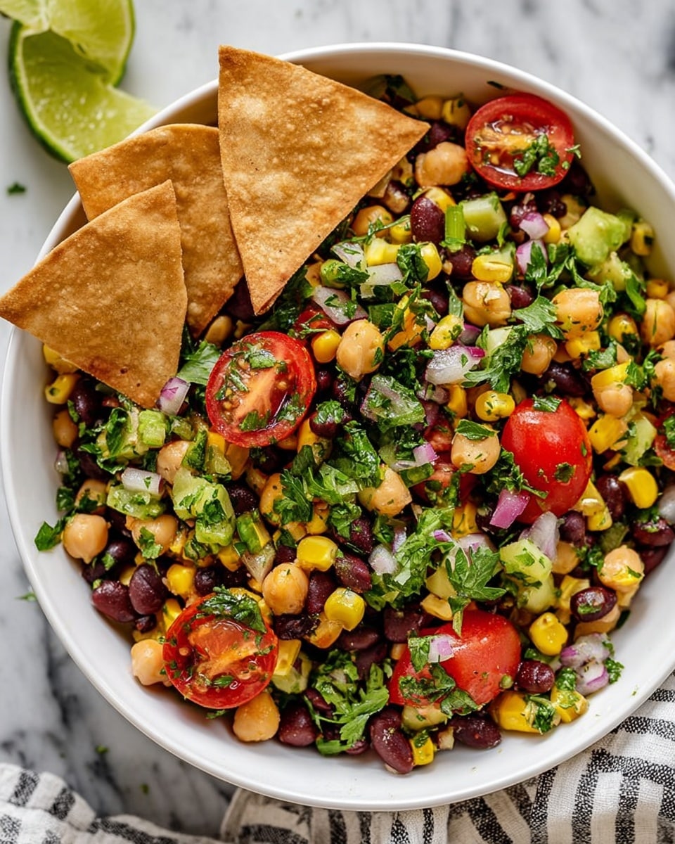 A white bowl filled with a colorful bean salad showing at least five layers: a base of mixed black beans and chickpeas, bright yellow corn kernels scattered throughout, chopped celery and diced red onions adding texture, halved red cherry tomatoes placed over the top, and finely chopped fresh green cilantro sprinkled all over. Three triangular pita chips rest on the edge of the bowl with a lime wedge peeking from under them, all set on a white marbled surface with a striped cloth nearby. Photo taken with an iphone --ar 4:5 --v 7