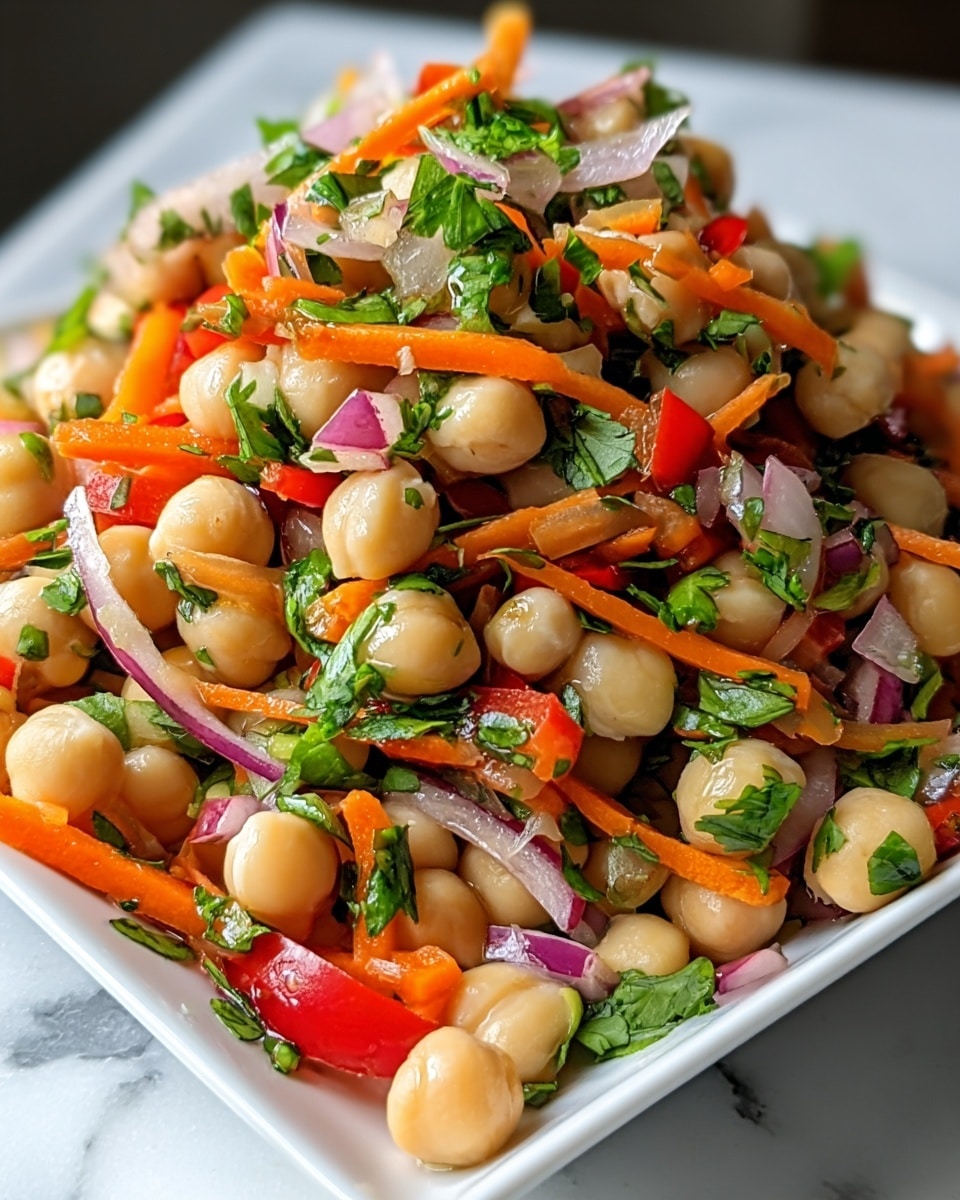 A clear glass bowl filled with a vibrant chickpea salad sits on a white marbled surface. The salad has plump, light beige chickpeas as the main layer, mixed evenly with bright orange thin carrot strips, thin slices of purple-red onion, small pieces of red bell pepper, and chopped green herbs, likely cilantro. The ingredients appear fresh and slightly glossy, with a bit of crushed light-colored nuts or seeds sprinkled throughout, adding texture. The bowl is full, with the salad slightly mounded on top. photo taken with an iphone --ar 4:5 --v 7