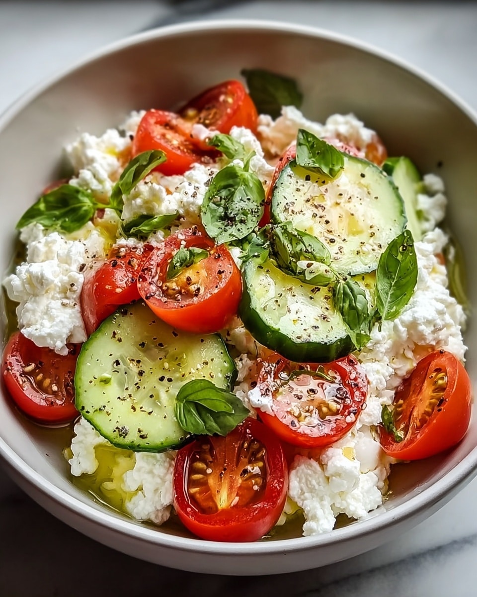 A white bowl filled with three main layers: the bottom layer is creamy white cottage cheese with a soft texture, the middle layer consists of bright green cucumber slices with dark green skin and a fresh look, and the top layer is made of halved red cherry tomatoes with seeds visible inside. Scattered green herbs add a fresh touch over the top, along with a drizzle of golden olive oil and a sprinkle of black pepper. The bowl is placed on a white marbled surface, with natural light highlighting the fresh colors and textures. Photo taken with an iphone --ar 4:5 --v 7