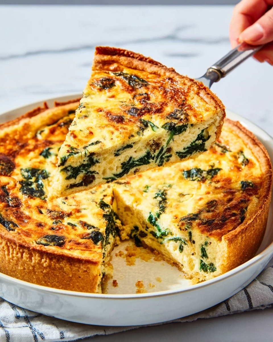 The image shows a close-up of a golden-brown quiche with visible green spinach inside. The quiche has a slightly crispy top layer with a mix of light tan and green spots. One slice is being lifted by a woman's hand holding a pie server, showing the inside layers which have a creamy yellow base with dark green spinach pieces mixed throughout. The dish is served on a white plate sitting on a white marbled surface. Photo taken with an iphone --ar 4:5 --v 7