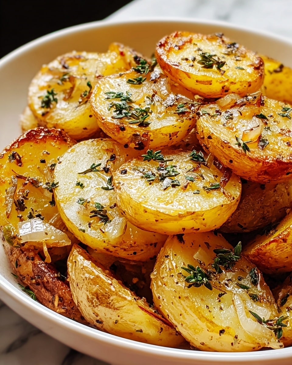 A close-up view of a white bowl filled with several layers of roasted baby potato halves, each potato slice showing a golden brown and crispy outer skin with a soft, light yellow inside. The potatoes are sprinkled with small bright green herb leaves and bits of cooked onion strips, giving a textured and fresh look. The roasted potatoes have a shiny, slightly oily surface with visible black pepper specks and herbs scattered across, all set on a white marbled surface. photo taken with an iphone --ar 4:5 --v 7