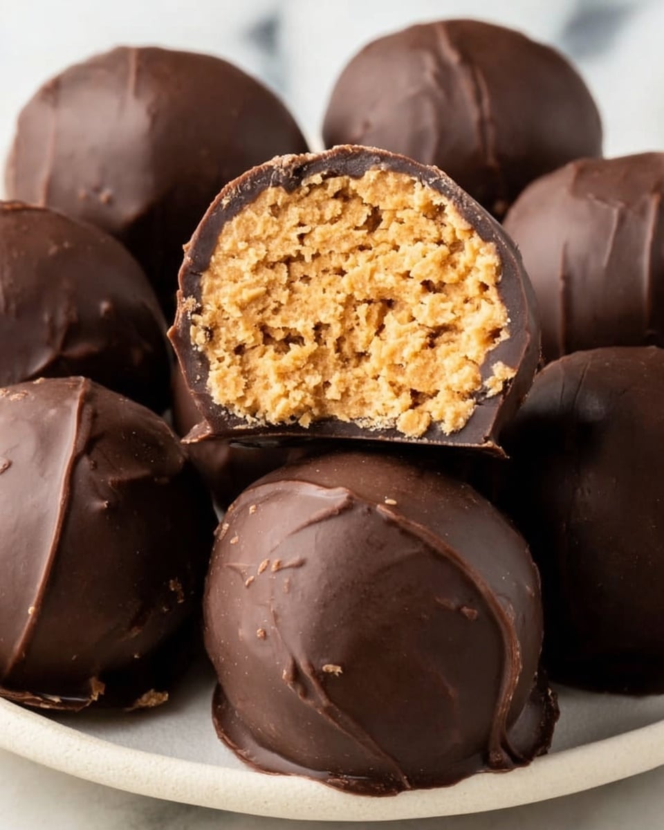 The image shows a white bowl filled with dark brown chocolate-covered round truffles. Each truffle has a smooth but slightly textured surface with small swirls and bumps from the chocolate coating. The truffles are stacked in layers, with some resting on top of others, filling the bowl almost to the brim. The bowl sits on a white marbled surface with a few small crumbs and chocolate chips scattered around. photo taken with an iphone --ar 4:5 --v 7