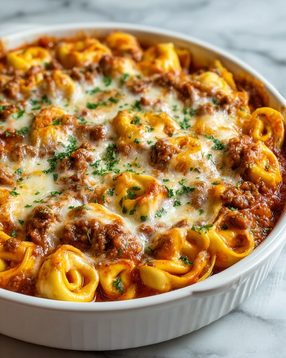 The dish is a baked tortellini pasta in a round white ceramic dish, filled with yellow pasta rings and a rich red tomato meat sauce mixed with browned ground beef. The top layer is covered with melted, golden-brown cheese that looks gooey and slightly bubbly, with small green herb sprinkles scattered over the surface. The pasta and meat sauce layer peeks through beneath the cheese, showing a mix of soft textures and vibrant colors. The dish sits on a white marbled surface, creating a clean, bright background. photo taken with an iphone --ar 4:5 --v 7